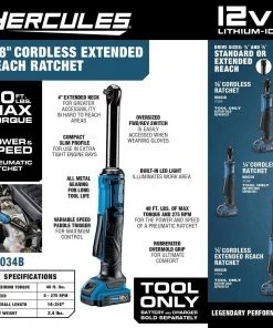 Outlet ๐ HERCULES 12V Cordless 3/8 in. Extended Reach Ratchet - Tool Only ๐คฉ 19 Outlet ๐ HERCULES 12V Cordless 3/8 in. Extended Reach Ratchet - Tool Only ๐คฉ -Outlet The Power Tool Hub Store 57276 W2SS