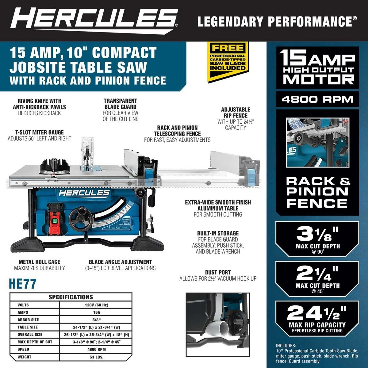 Cheapest 👍 HERCULES 10 in., 15 Amp Compact Jobsite Table Saw with Rack and Pinion Fence ✨ 4 Cheapest 👍 HERCULES 10 in., 15 Amp Compact Jobsite Table Saw with Rack and Pinion Fence ✨ - Image 2